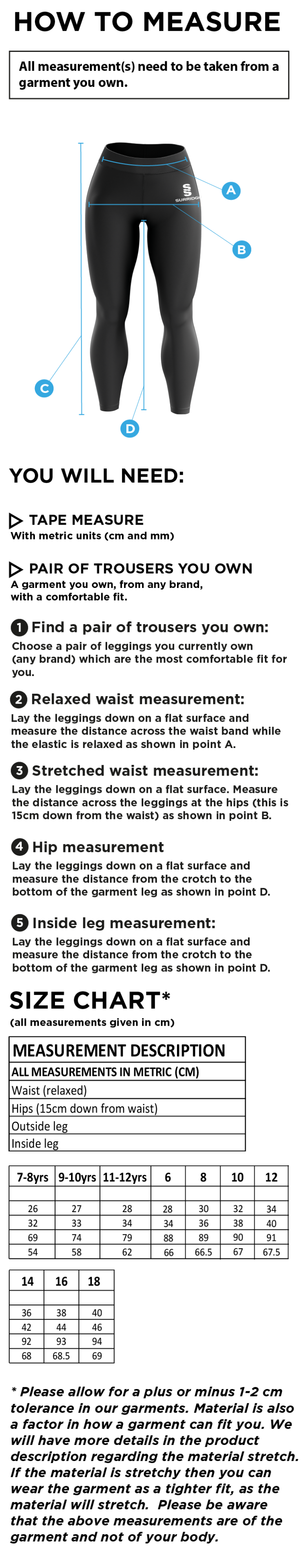 SUNNINGDALE SCHOOL STAFF LEGGINGS - Size Guide