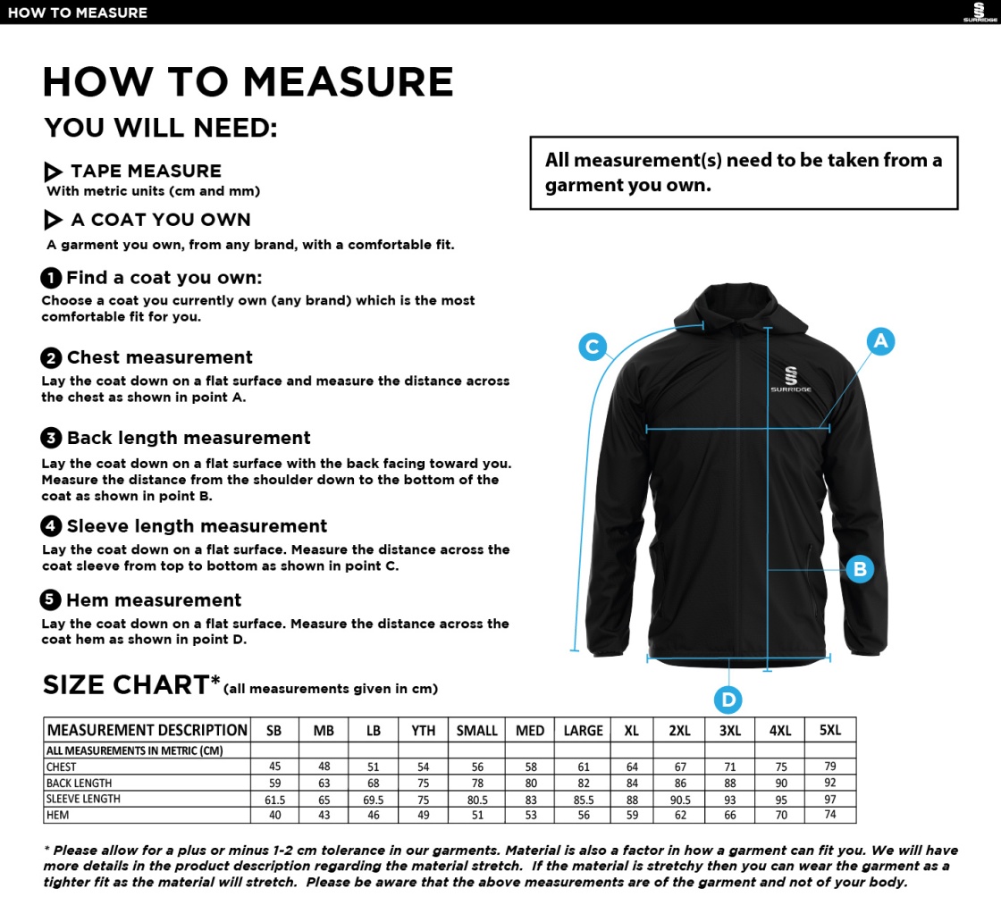Sunningdale School Staff Training Jacket Navy - Size Guide